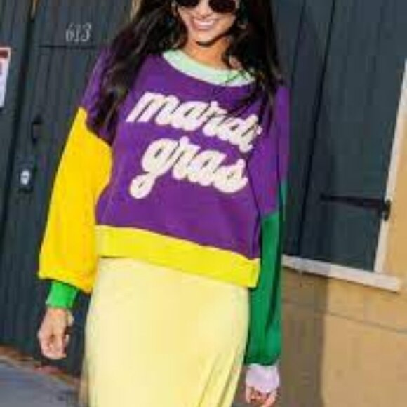 QUEEN OF SPARKLES Sweaters - Queen Of Sparkles Color Block Fuzzy 'Mardi Gras' Sweater